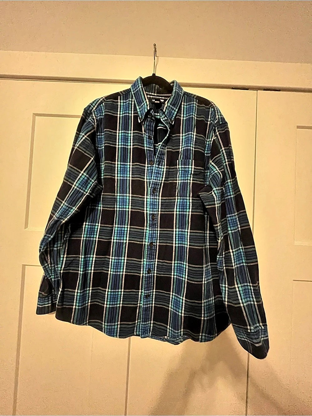 Lands' End Men's Flannel Plaid Button Down Blue & Black XL Tall 17 17 1/2
